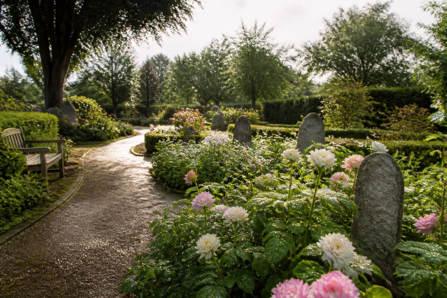 Der Rosengarten, eine gepflegte Grabanlage für Urnenbeisetzungen